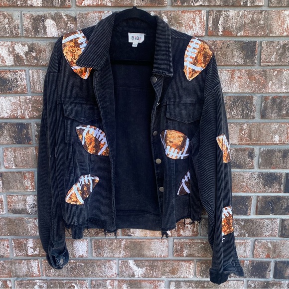BiBi Jackets & Blazers - BiBi Black Corduroy Jacket with Football Patches